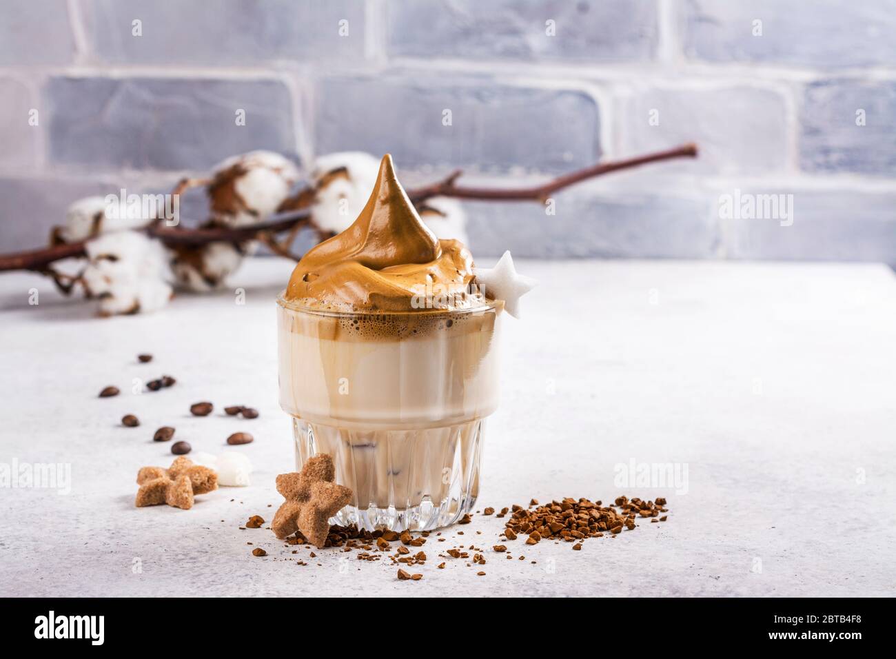 Dalgona korean coffee, trendy drink with whipped instant coffee and