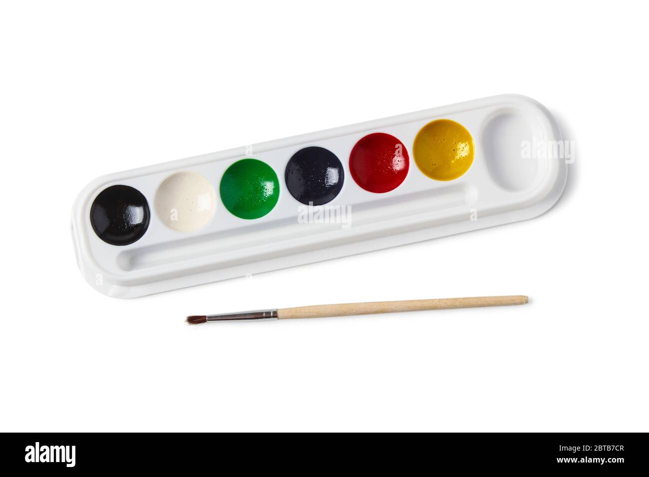 Children's watercolor paints and brush for painting isolated on a white background Stock Photo