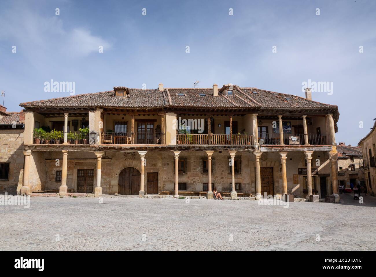 Columned bulding at Pedraza's porticoed main square of Castilian style. Stock Photo