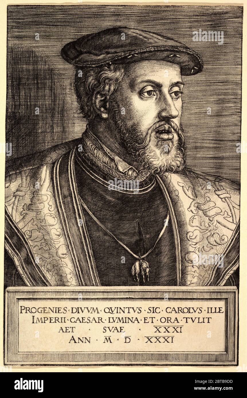 1530 ca , SPAIN : The King of Spain Charles V of HABSBURG ( 1500 - 1558 ) of Holy Roman Empire and Austria and Flandes ( Charle II of Holland ). Engraving by Barthel Beham ( 1502 c - 1540 ) - KARL - CARLO V  Imperatore - Emperor - Sacro Romano Impero - FIANDRE - OLANDA - SPAGNA - NOBILITY - NOBILI - Nobiltà austriaca e spagnola - ROYALTY - Imperial House of Habsburg - incisione - engraving - ritratto - portrait  - Toson d'Oro - ASBURGO - HABSBURG - HASBURG - ABSBURGO - beard - barba - hat - cappello --- Archivio GBB Stock Photo
