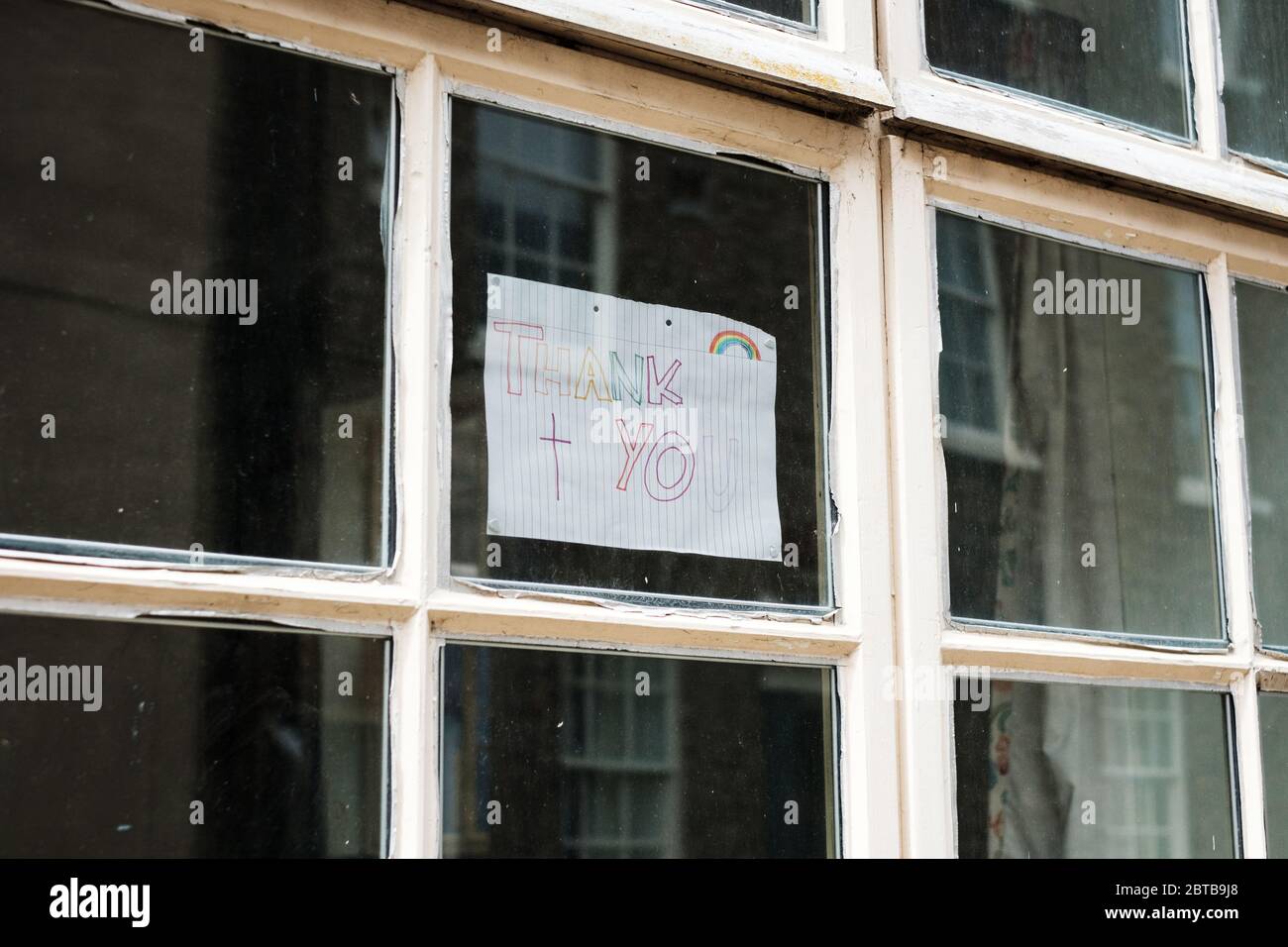 Thank You NHS Rainbow Sign in Window during Covid-19, Durham, UK Stock Photo