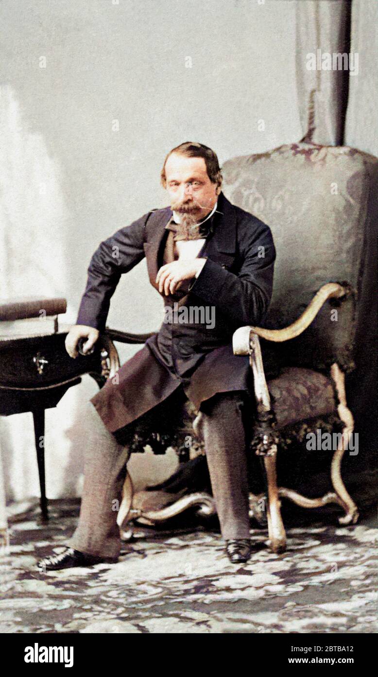 1862 ca, FRANCE : The french Emperor NAPOLEON III (  1808 - 1873 , son of Louis BONAPARTE and Ortensia Beauharnais ) . Portrait by André-Adolphe-Eugène Disderi (1819 - 1889), Paris, DIGITALLY COLORIZED. - REALI - royalty - nobili - nobiltà - Napoleone III - imperatore - baffi - moustache - ritratto - baffi - moustache - beard - barba - RISORGIMENTO ---  Archivio GBB Stock Photo