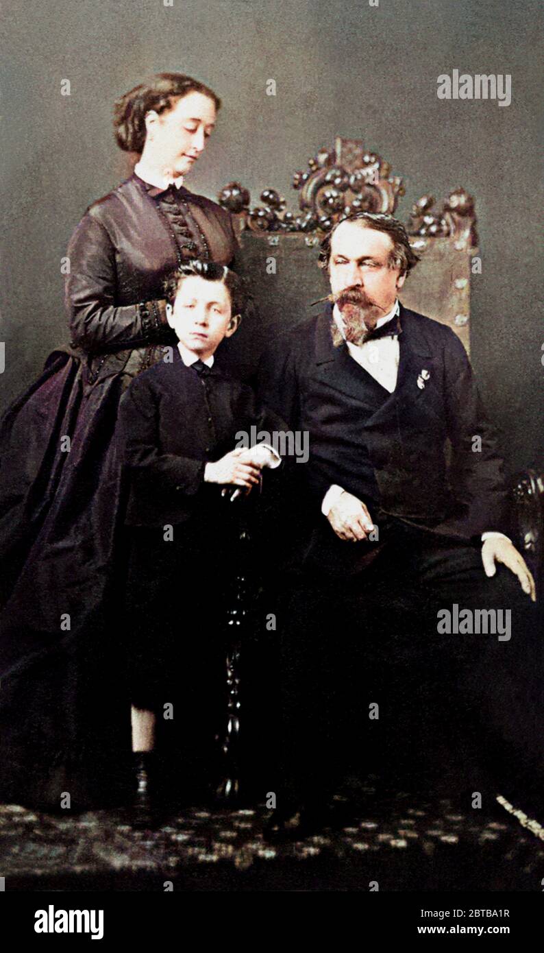 1873 ca, FRANCE : The french Emperor NAPOLEON III (  1808 - 1873 ) with  Empress Eugenia Eugenie Montijo de Guzman ( 1826 - 1920 ) and son Prince Imperial  Eugéne Louis Napoléon ( 1856 - 1879 ). Portrait by Sergei Ludovich Levitskt ( 1819 - 1898 ), Paris, DIGITALLY COLORIZED. - REALI - royalty - nobili - nobiltà - Napoleone III - imperatore - baffi - moustache - ritratto - baffi - moustache - beard - barba - RISORGIMENTO  - family - famiglia - black dress - abito vestito nero - FASHION - MODA - OTTOCENTO - 800's - '800 ---  Archivio GBB Stock Photo