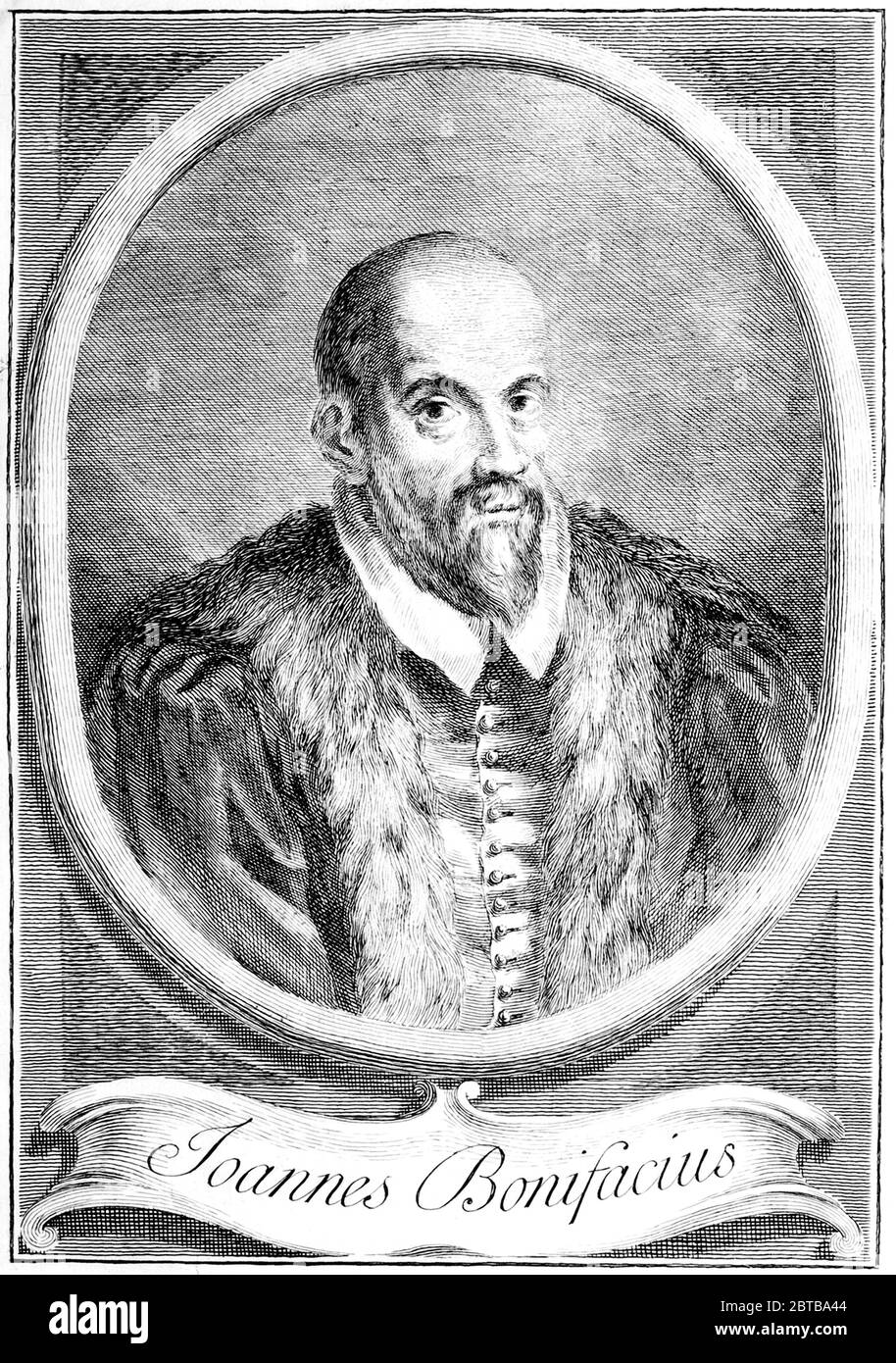 1600 c., ITALY : The italian writer , lawyer and historian GIOVANNI BONIFACIO ( 1547 - 1635 ). Portrait by unknown engraver, printed in 1744 . - STORIOGRAFO di TREVISO - SCRITTORE - LETTERATURA - LITERATURE - letterato - GIURISTA - incisione - portrait - ritratto - incisione - engraving- beard - barba --- Archivio GBB Stock Photo