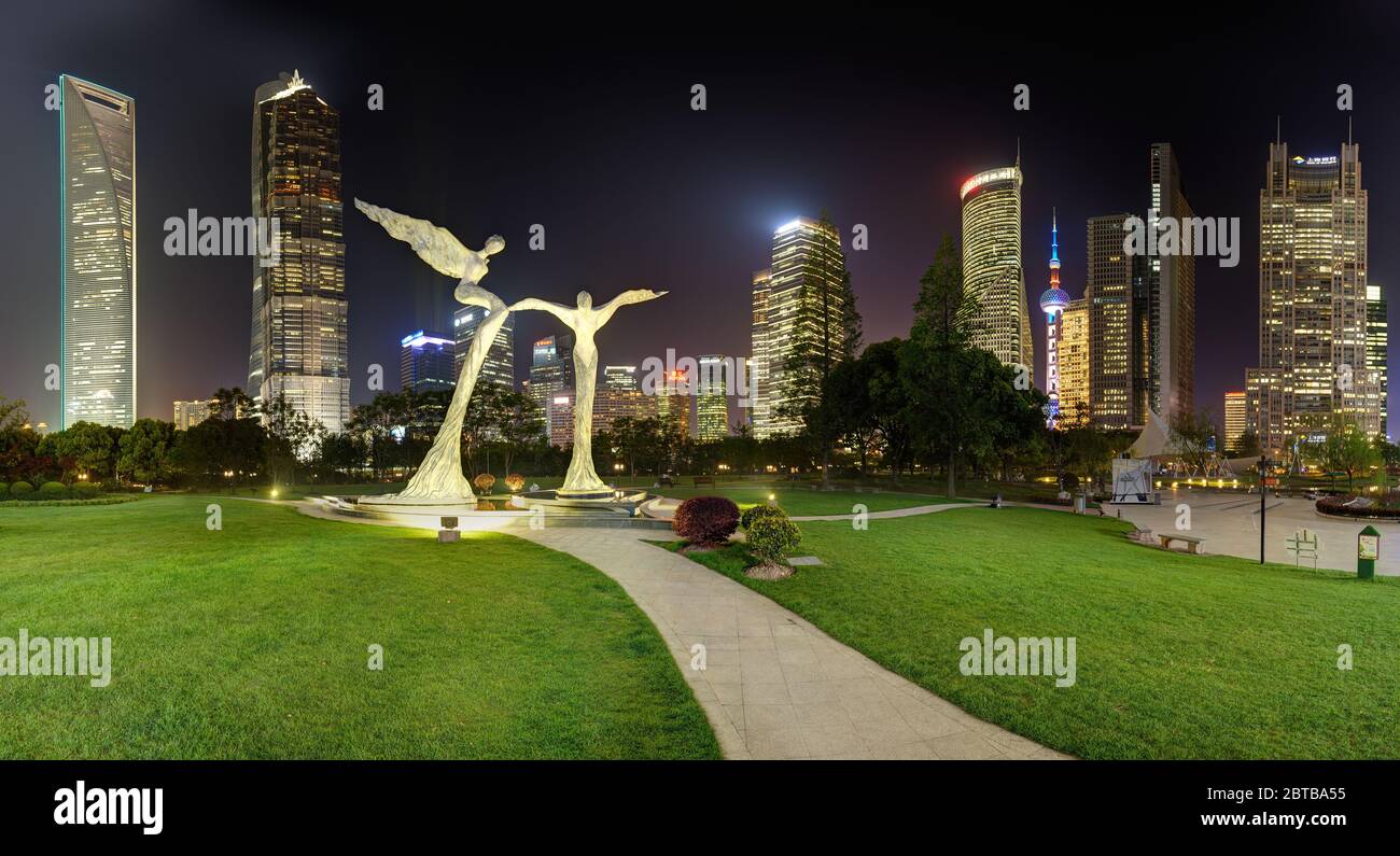 SHANGHAI, CHINA - APRIL 21, 2015: Panoramic view of Pudong modern, financial district with highest tower of Shanghai. Left part, can be combined with Stock Photo