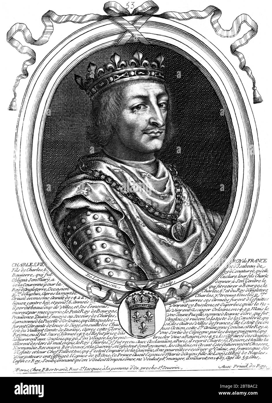 1460 ca , FRANCE:French King CHARLES VII Valois ( 1403 - 1461 ). Married with Maria d'Angiò ( Marie Anjou ,  1404 - 1463 ) daughter of Knig of Napoli . Father of french King Louis XI ( 1423 - 1983 ). Engraving portrait by De Larmes , Paris, XIX century. - NOBILITY - NOBILI francesi - Nobiltà francese - FRANCIA - illustrazione - illustration - engraving - incisione - Re di Francia - corona - crown- baffi moustache - Agiò - Angioini --- ARCHIVIO GBB Stock Photo