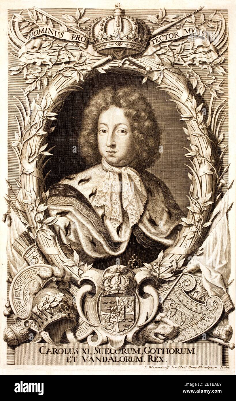 1660 ca, SWEDEN :The  King of Sweden CHARLES XI ( 1655 - 1697 ). Engraving by Anselmus van Hulle . - Gustavo - Wittelsbach - Palatinate-Zweibrücke -  -SVEZIA - FOTO STORICHE - HISTORY - NORWAY - NORVEGIA - royalty - nobili - nobiltà  - portrait - ritratto - incisione - engraving - illustrazione - illustration - Karl  --- ARCHIVIO GBB Stock Photo