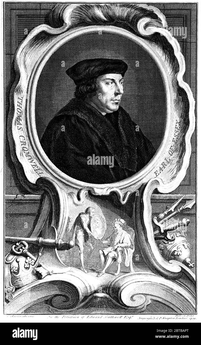 1530 ca, GREAT BRITAIN : The english Protestant leader THOMAS CROMWELL Count of Essex ( 1490 - 1540 ) in England . Portait engraved by Jacobus Houbraken , 1739, after Hans Holbein . Prime Minister of King HENRY VIII , like rapresentant of the King for the Religious Spirituals Affairs was in the prime lòine for the suppression of the catholic monasteries . Later accused of eresy was condamned to death . -  ENRICO VIII TUDOR - MARTIN LUTERO - RELIGIONE LUTERANA PROTESTANTE - LUTHERAN PROTESTANT RELIGION - PORTRAIT - RITRATTO - FOTO STORICHE - HISTORY - REFORMER - RIFORMISTA - engraving - incisio Stock Photo