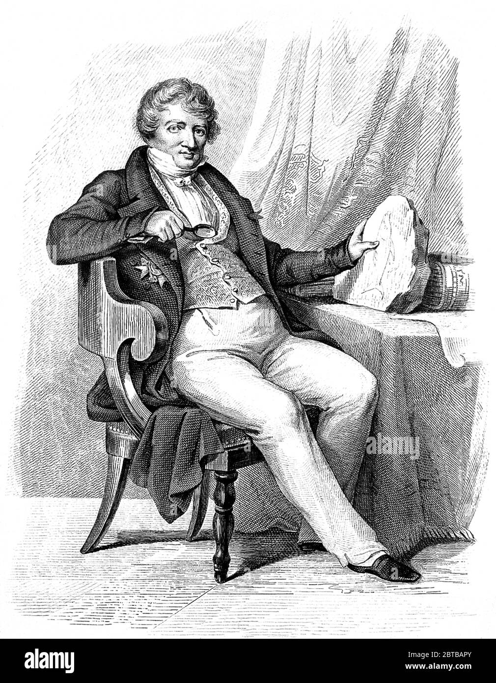 1830 c, FRANCE : The french anatomist and paleontologist  Baron GEORGES CUVIER ( 1769 - 1832 ), holding a fish fossil . Portrait engraved by Giraud , 1845 ca. - ZOOLOGIST - ZOOLOGO - ZOOLOGIA - FOSSILE - FOSSIOLI - ZOOLOGY - BIOLOGIA - BIOLOGY - BIOLOGO - BIOLOGIST - PALEONTOLOGO - PALEONTOLOGIA - ANATOMIA - ANATHOMY - ANATOMIST - ANATOMISTA - HISTORY - foto storica storiche - scientist - portrait - ritratto - - DOTTORE - MEDICO - MEDICINA - medicine - SCIENZA - SCIENCE -  DOTTORE - MEDICIAN - illustrazione - illustration - engraving - incisione - collar --- Archivio GBB Stock Photo