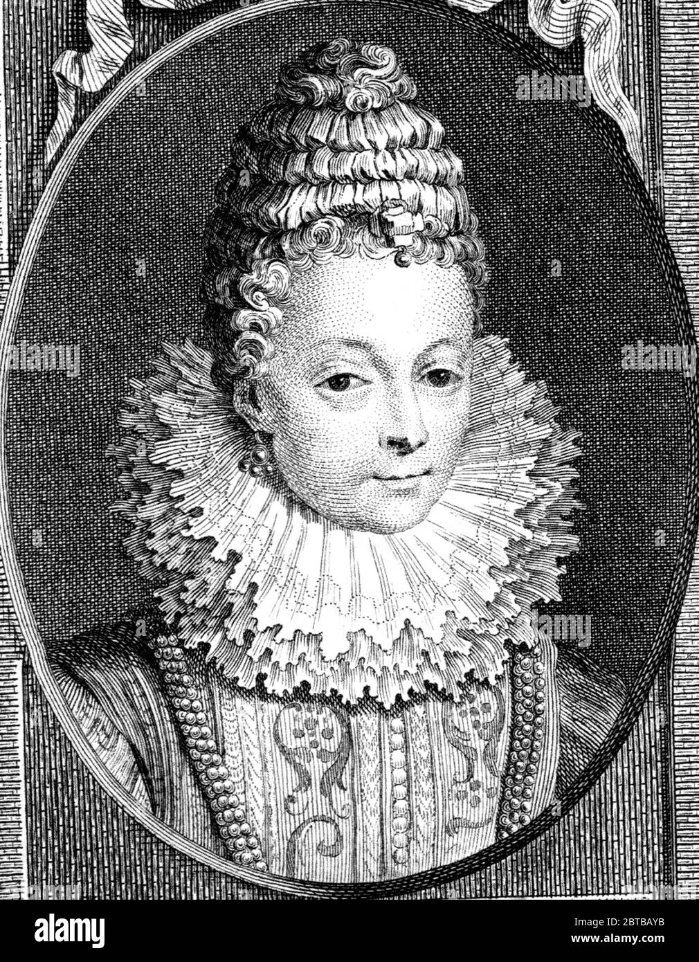 1600 c., FRANCE: French Queen MARIA DE MEDICI ( Marie ,  1575 - 1642 ), wife of King Henri IV de Bourbon mother of King Louis XIII ( 1601 - 1643 ). Portrait engraved by unknown artis . - de' Medici - Médicis - NOBILITY - NOBILI francesi - Nobiltà francese - FRANCIA - illustrazione - illustration - engraving - incisione - Regina di Francia - collar - colletto  - curls - riccioli - pizzo - lace - pearls necklace - collana di perle - perla - eardrops - orecchini - gorgiera --- ARCHIVIO GBB Stock Photo