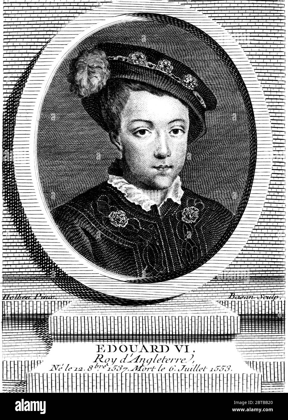 1547 ca , GREAT BRITAIN : KING EDWARD VI TUDOR of ENGLAND ( 1537 - 1553 ). Was the son of HENRY VIII and Jane Seymour , and the England's first monarch to be raised as a Protestant . In 1544 Henry VIII , with the Act of Succession , had indicated the line of succession by designating the Catholic Maria Steward and after her the half-sister Elizabeth I of England to the throne . French portrait pubblished in XIX century, engraved by Basan after the original by Hans Holbein . -  INGHILTERRA - GRAND BRETAGNA -  FOTO STORICHE - HISTORY PHOTOS  - RE  EDOARDO VI - RITRATTO - PORTRAIT - INGHILTERRA - Stock Photo