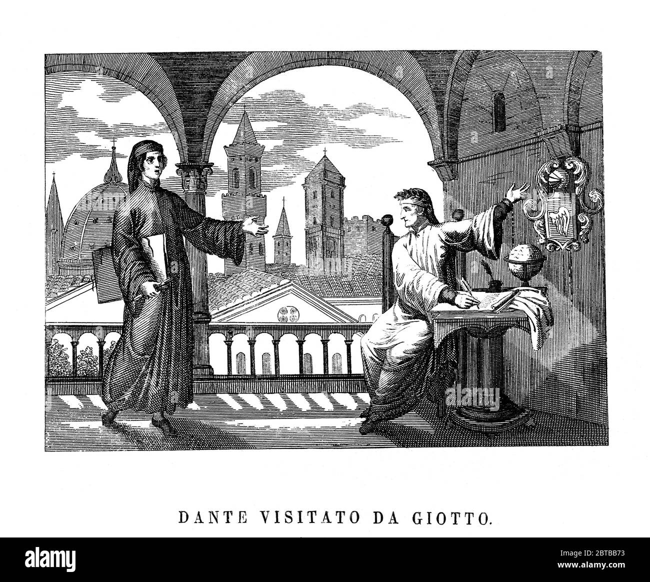 The celebrated italian architect , sculptor and painter GIOTTO di Bondone  ( 1265 ca. - 1337 ) meet the poet DANTE ALIGHIERI ( 1265 - 1321 ) author of celebrated the DIVINA COMMEDIA ( Divine Comedy ) , portrait by unknown italian engraved from the magazine OMNIBUS PITTORESCO , 1847 .  - PITTORE - ARCHITETTO - ARCHITETTURA - ARCHITECTURE - SCULTORE - SCULTURA - SCULPTURE - RINASCIMENTO - RENAISSANCE - ARTE - ART - ritratto - portrait - incontro - meeting - incisione - engraving - LETTERATURA - LITERATURE - POESIA - POETRY  --- Archivio GBB Stock Photo