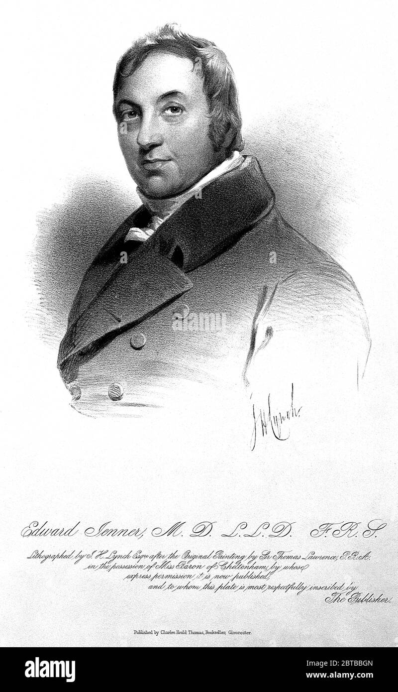 1820 ca , GREAT BRITAIN : The british physician , virologist and naturalist EDWARD JENNER ( 1749 - 1823 ), who was a contributor to development of the SMALLPOX VACCINE . Portrait lithographed by J.H. Lynch , after Sir Thomas Lawrence   . - VACCINATION - VIRUS - VIROLOGO - VIROLOGIST - ANTIVAIOLOSA - ANTIVAIOLO - ANTI-VAIOLO - ANTIVAIOLOSA - VAIOLO - VACCINAZIONE - foto storiche - scienziato - scientist - portrait - ritratto - GRAND BRETAGNA  - DOTTORE - MEDICO - MEDICINA - medicine - SCIENZA - SCIENCE  - SCIENZIATO - illustrazione - illustration  ---  Archivio GBB Stock Photo