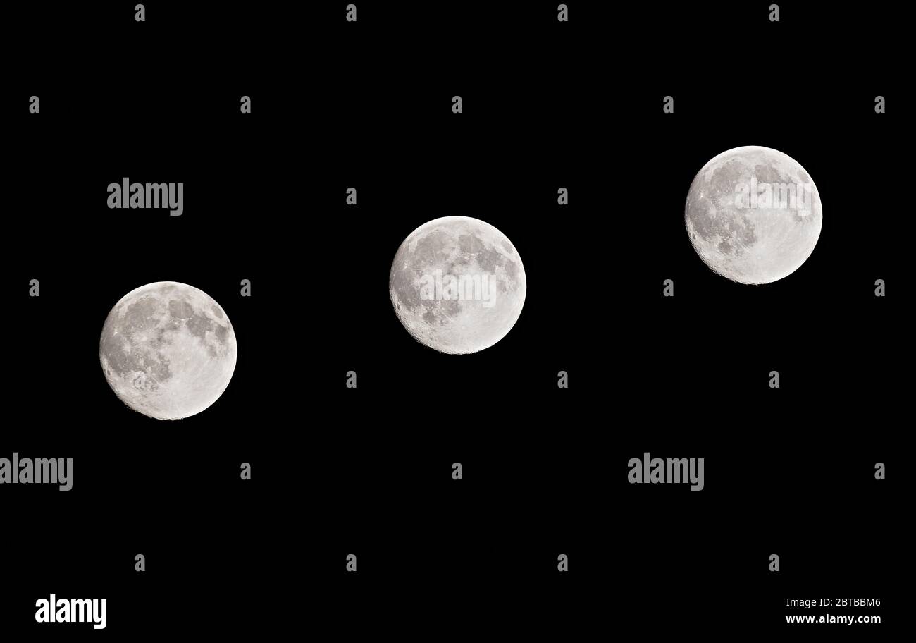 Northern hemisphere full moon photographed at five minute intervals on a clear night Stock Photo