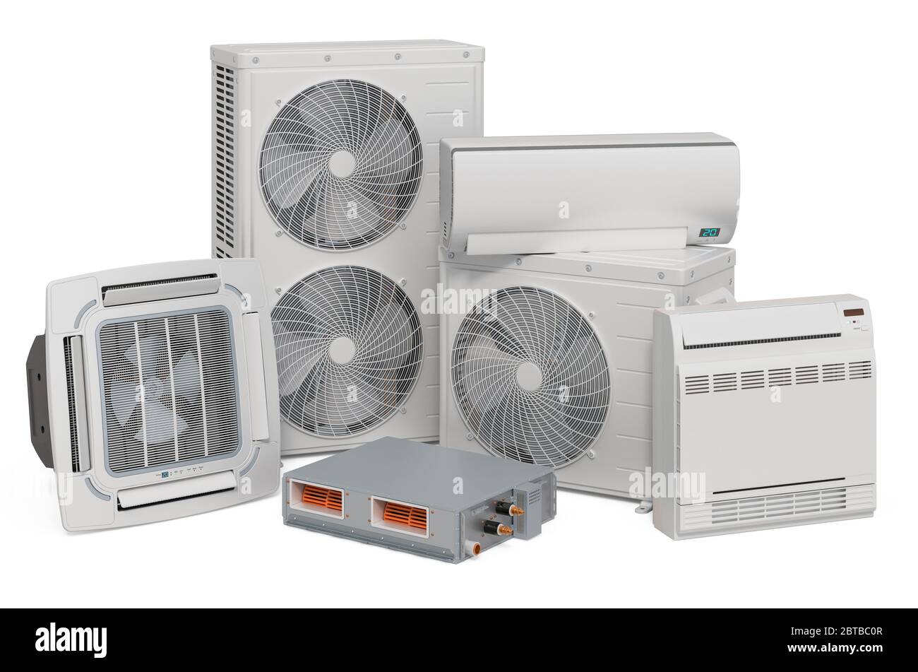 Indoor and outdoor units of Air Conditioner. 3D rendering isolated on