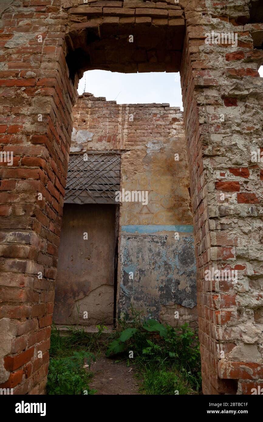 The ruins of the Palace von der Osten Saken on the border of the town of Nemeshaevo and the village of Mirotskoye, Kiev region, Ukraine. Abandoned old Stock Photo
