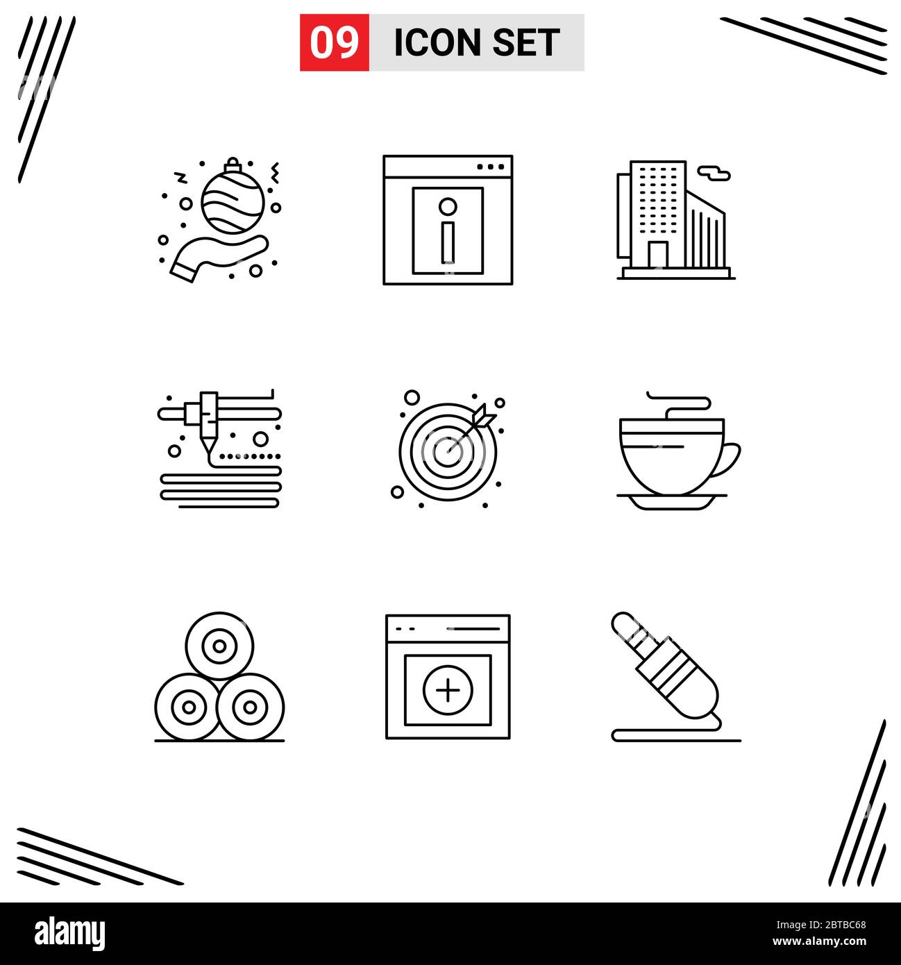 Pictogram Set of 9 Simple Outlines of target, darts, web page, printing, city Editable Vector Design Elements Stock Vector