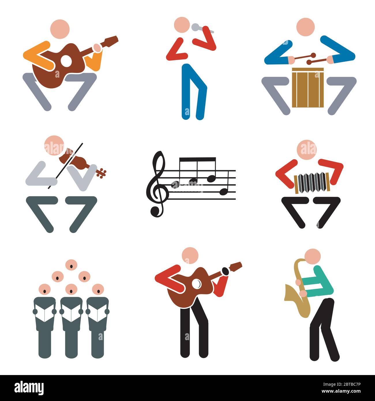 Music, musicians icons. Set of colorful musical symbols. Isolated on white background.Vector available. Vector available. Stock Vector