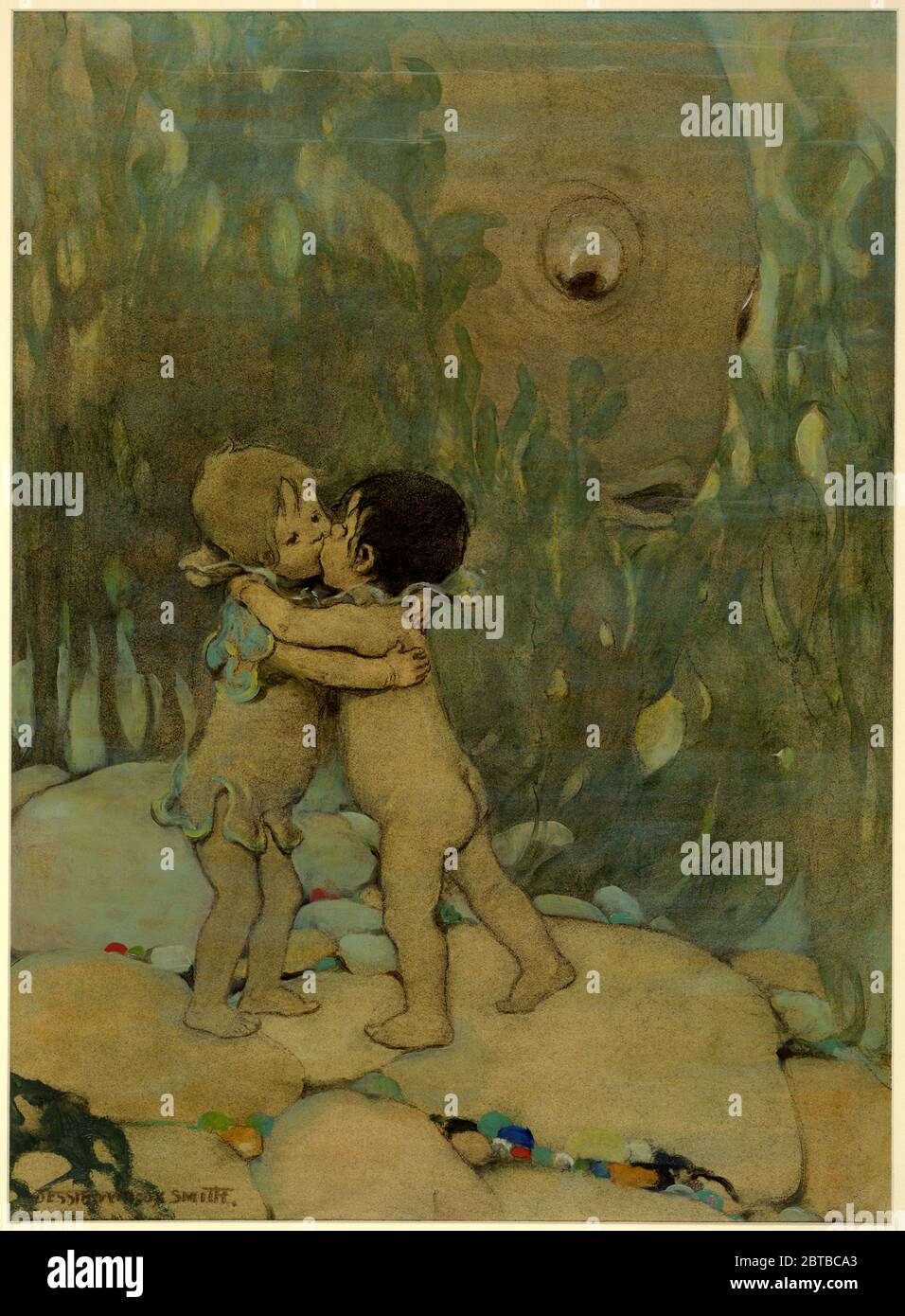 1916 , USA : The british CHARLES KINGSLEY ( 1819 - 1875 ), priest , social reformer, historian and novelist . Friend of Charles Darwin . Uncle of traveller and scientist Mary Kingsley .Illustration by Jessie Willcox SMITH ( 1863 - 1935 ) for book THE WATER BABIES (1916), NY, Dodd, Mead & co, artwork by - ILLUSTRATION - ILLUSTRAZIONE - ARTS - ARTE - SCRITTORE - WRITER - LETTERATURA - LITERATURE - WRITER - SCRITTORE - child - children - bambino - bambini - childhood - infanzia - kis - bacio - mare - sea --- ARCHIVIO GBB Stock Photo