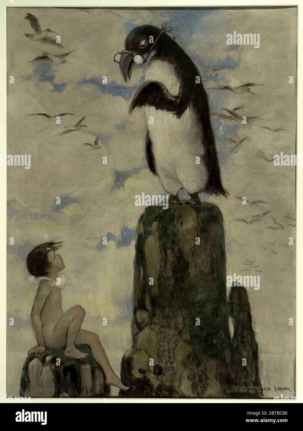1916 , USA : The british CHARLES KINGSLEY ( 1819 - 1875 ), priest , social reformer, historian and novelist . Friend of Charles Darwin . Uncle of traveller and scientist Mary Kingsley .Illustration by Jessie Willcox SMITH ( 1863 - 1935 ) for book THE WATER BABIES (1916), NY, Dodd, Mead & co, artwork by - ILLUSTRATION - ILLUSTRAZIONE - ARTS - ARTE - SCRITTORE - WRITER - LETTERATURA - LITERATURE - WRITER - SCRITTORE - child - children - bambino - bambini - childhood - infanzia - pinguino - penguin --- ARCHIVIO GBB Stock Photo