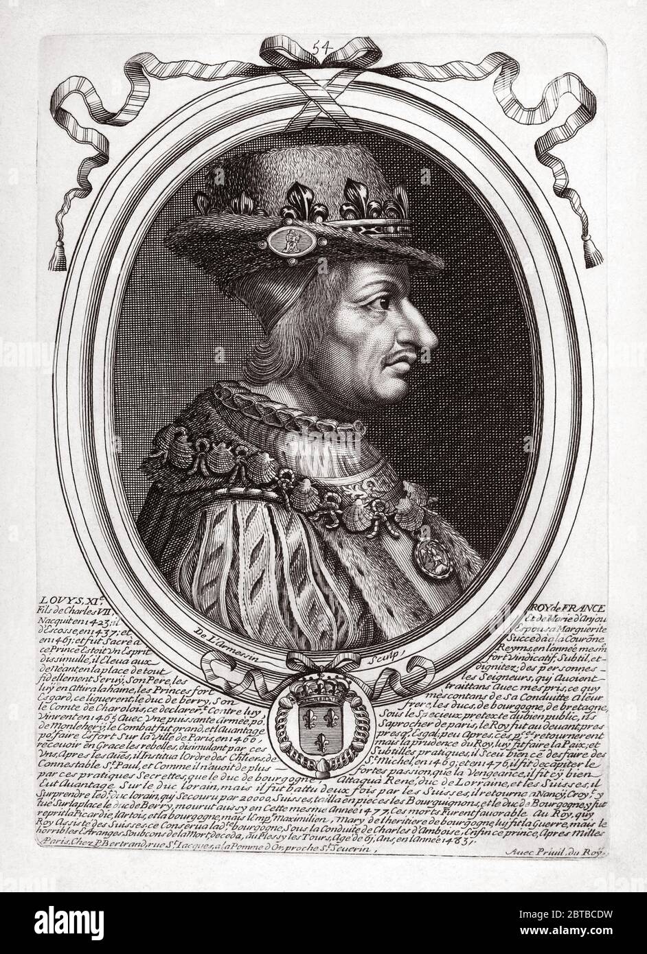 1480 ca, FRANCE: The French King LOUIS XI Valois ( 1423 - 1483 ) dit Le Prudent . Father of King Charles VIII . Engraved portrait by NICOLAS de LARMESSIN ( 1632 - 1694 9 , pubblished in 1690 - NOBILITY - NOBILI francesi - Nobiltà francese - FRANCIA - illustrazione - illustration - engraving - incisione - LUIGI XI Re di Francia --- ARCHIVIO GBB Stock Photo