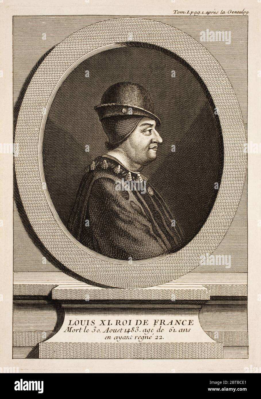 1480 ca, FRANCE: The French King LOUIS XI Valois ( 1423 - 1483 ) dit Le Prudent . Father of King Charles VIII . Engraving by unknown , pubblished in 1747 . - NOBILITY - NOBILI francesi - Nobiltà francese - FRANCIA - illustrazione - illustration - engraving - incisione - LUIGI XI Re di Francia --- ARCHIVIO GBB Stock Photo