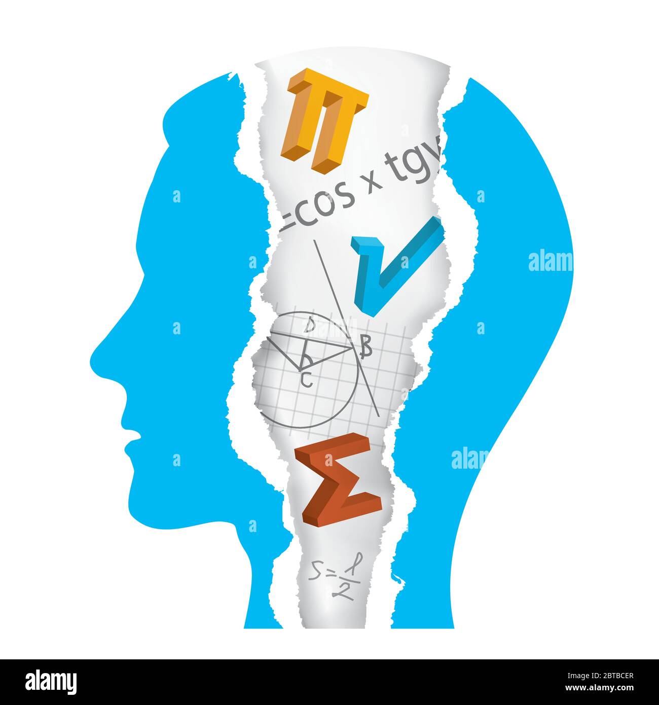 Student of Mathematics silhouette, ripped paper, education concept. Torn paper stylized male head with ripped paper fragments with mathematics symbols Stock Vector