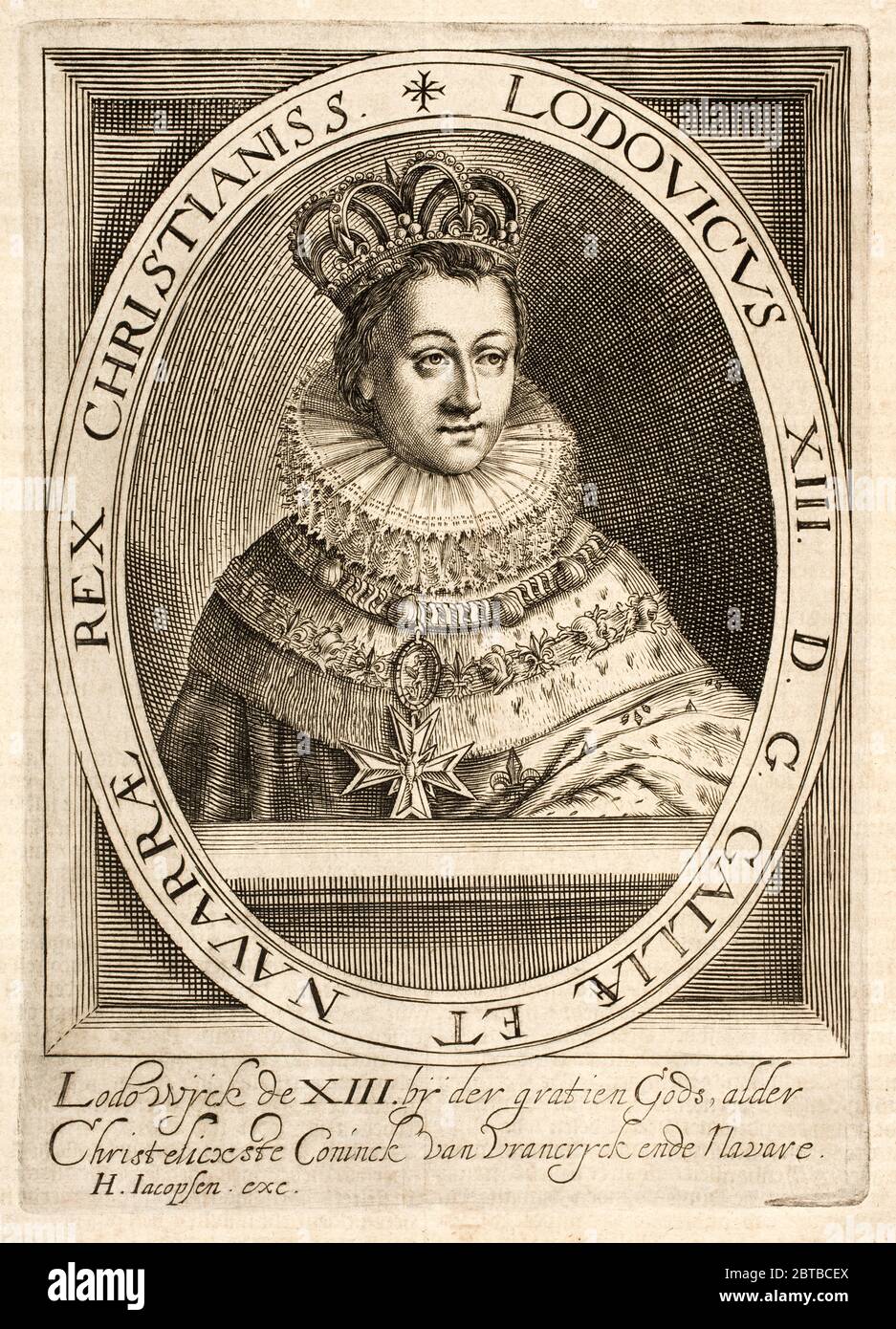 1614, FRANCE: French French King LOUIS XIII ( 1601 - 1643 ) the day of coronation, son of Queen MARIA DE MEDICI ( Marie , 1575 - 1642 ) and King Henri IV de Bourbon . Father of King Louis XIV Le Roi Soleil . Portrait by Emanuel van Meteren ( 1535 - 1612 ) and Simeon Ruytinck , engraved by H. Jacopsen , Holland . - de' Medici - Médicis - NOBILITY - NOBILI francesi - Nobiltà francese - FRANCIA - illustrazione - illustration - engraving - incisione - LUIGI XIII Re di Francia - collar - colletto  - gorgiera - pizzo - lace - pearls  - perle - perla - crown - corona - lusso - luxury - inconorazione Stock Photo
