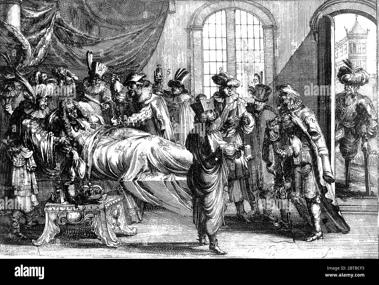1700 ca , PARIS , FRANCE : The King LOUIS XIV of FRANCE LE ROI SOLEIL ( 1638 – 1715 ) of Bourbon . Satyrical portrait engraved by Romain De Hooghe , with Louis XIV being attended by physicians for enema . - IL RE SOLE - NOBILITY - NOBILI - Nobiltà francese  - REALI  - ROYALTY -  CASA REGNANTE DI FRANCIA  - illustrazione - illustration - engraving - incisione - RE -  Luigi XIV -  satira - caricatura - caricature - clistere - enteroclisma - MEDICO - MEDICINA - MEDICI - Dottore - letto - bed - malato - malattia - sik --- ARCHIVIO GBB Stock Photo
