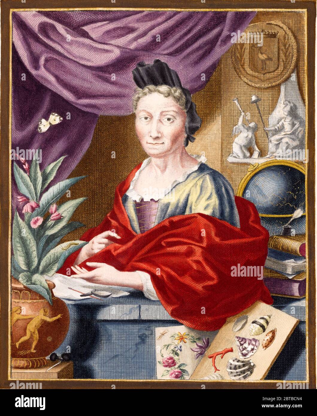 1705 , GERMANY : The german naturalist woman painter , scientific illustrator and biologist MARIA SIBYLLA MERIAN ( 1647 - 1717 ). Sybylla's father was the Swiss engraver and pubblisher Matthäus Merian ( Matthew , 1593 - 1650 ) the Elder . Portrait by Jacob Houbraken, after Georg Gsell, via , frontespice from the Sibylla's book ' Metamorphosis insectorum Surinamensium ', Amsterdam , 1705 . - SYBILLA - HISTORY - foto storica storiche - portrait - ritratto - NATURALISTA - NATURALIST - SCIENZA - SCIENCE - BIOLOGY - BIOLOGIA - illustratrice - illustratore - illustrator - woman painter - pittrice - Stock Photo