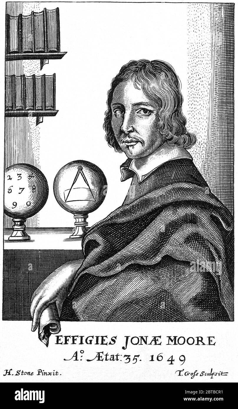 1649, GREAT BRITAIN : The celebrated british mathematician and astronomer Sir JONAS MOORE ( 1617 - 1679 ). Engraving by T. Cross after the portrait by Henry Stone .- SCIENZA - ritratto - portrait - SCIENZIATO - SCIENZA -  SCIENCE - SCIENTIST- HISTORY -  foto storiche  - MATEMATICO - MATEMATICA - MATHEMATIC - MATHEMATICIAN  - mathematics - ASTRONOMIA - ASTRONOMY - ASTRONOMER - ASTRONOMO -  illustrazione - illustration - engraving - incisione  - colletto - collar - engraving - baffi - moustache --- ARCHIVIO GBB Stock Photo