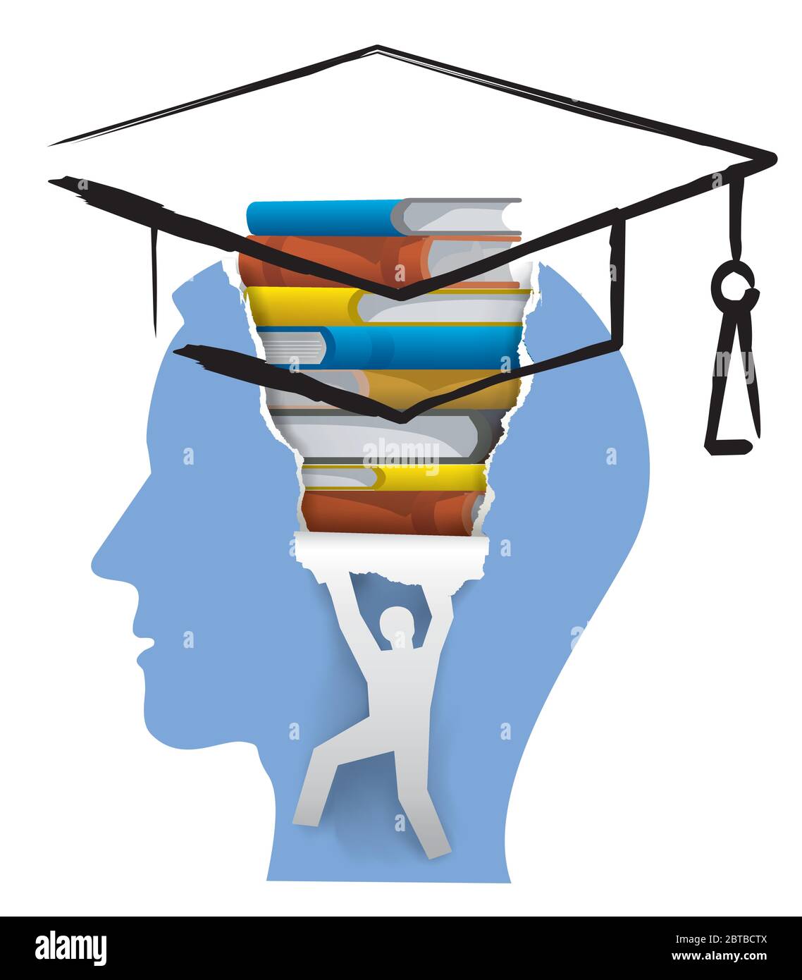 Student, School Literature for Graduation. Stylized Male head in profile with books, brush drawn mortar board and male silhouette ripping paper. Stock Vector