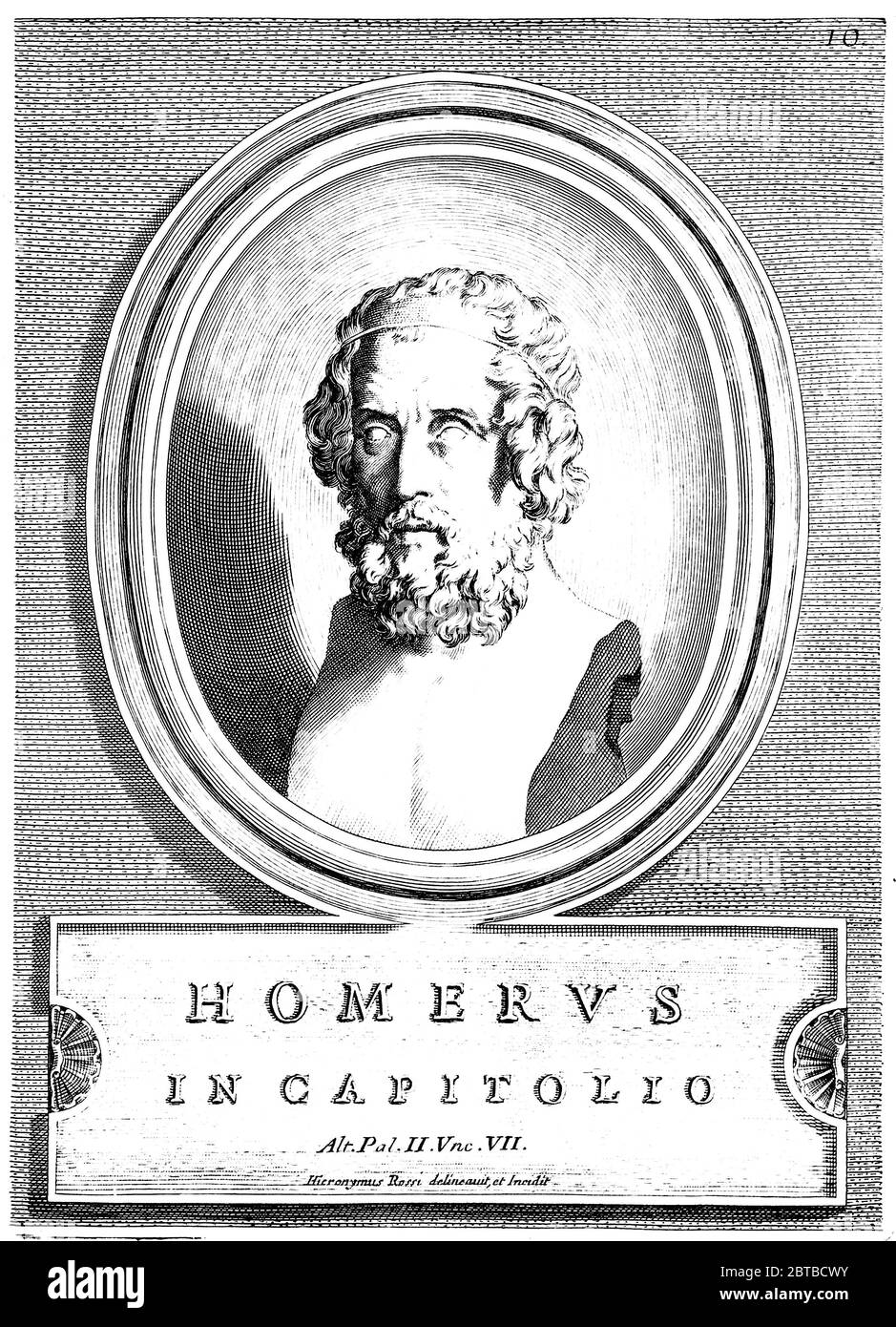 1736, ITALY : The ancient greek poet HOMER ( OMERO - VIII century before Christ ). Fantasy portrait illustration by engraver Gerolamo Rossi from an ancient bust, 1736 . Homer was the author of the ODISSEY and the ILIADES - ODISSEA - ILIADE - TROY WAR - GUERRA DI TROIA - BLIND - CIECO - ILIOS - OMERO  - SCRITTORE - LETTERATO - LITERATURE - LETTERATURA  - poeta -  poet - poesia - poetry  - profile - profilo - ANTICA GRECIA - MITOLOGIA - MITHOLOGY ----  ARCHIVIO GBB Stock Photo