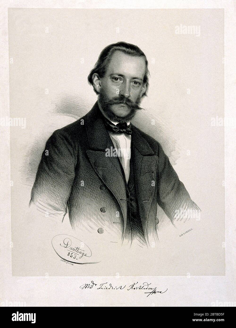 1853 , AUSTRIA :  The austrian chemist FRIEDRICH ROCHLEDER ( 1819 - 1874 ). Portrait engraved by A. Dauthage , after himself . - HISTORY  - foto storiche - foto storica  - scienziato - scientist  - portrait - ritratto - SCIENZA - SCIENCE  - CHIMICA - CHEMISTRY -  baffi - moustache - beard - barba - paillon - tie bow - cravatta - incisione - engraving - illustrazione - illustration ---  Archivio GBB Stock Photo