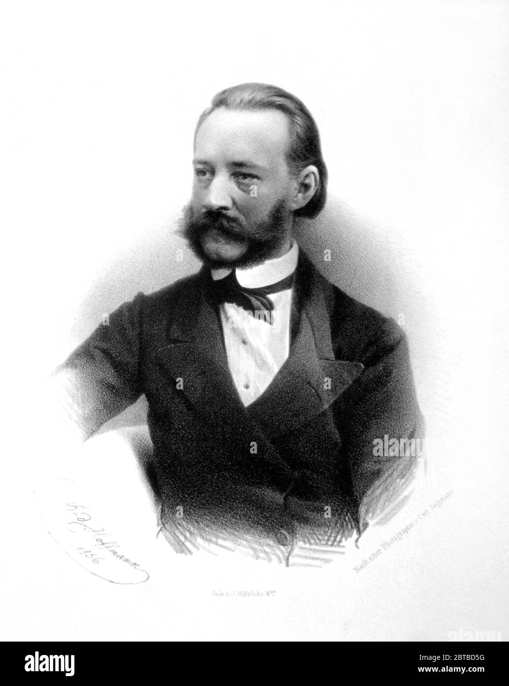 1856 , AUSTRIA :  The austrian chemist FRIEDRICH ROCHLEDER ( 1819 - 1874 ). Portrait engraved by Rudolf Hoffmann ( 1820 - 1882 ) . - HISTORY  - foto storiche - foto storica  - scienziato - scientist  - portrait - ritratto - SCIENZA - SCIENCE  - CHIMICA - CHEMISTRY -  baffi - moustache - beard - barba - paillon - tie bow - cravatta - incisione - engraving - illustrazione - illustration ---  Archivio GBB Stock Photo