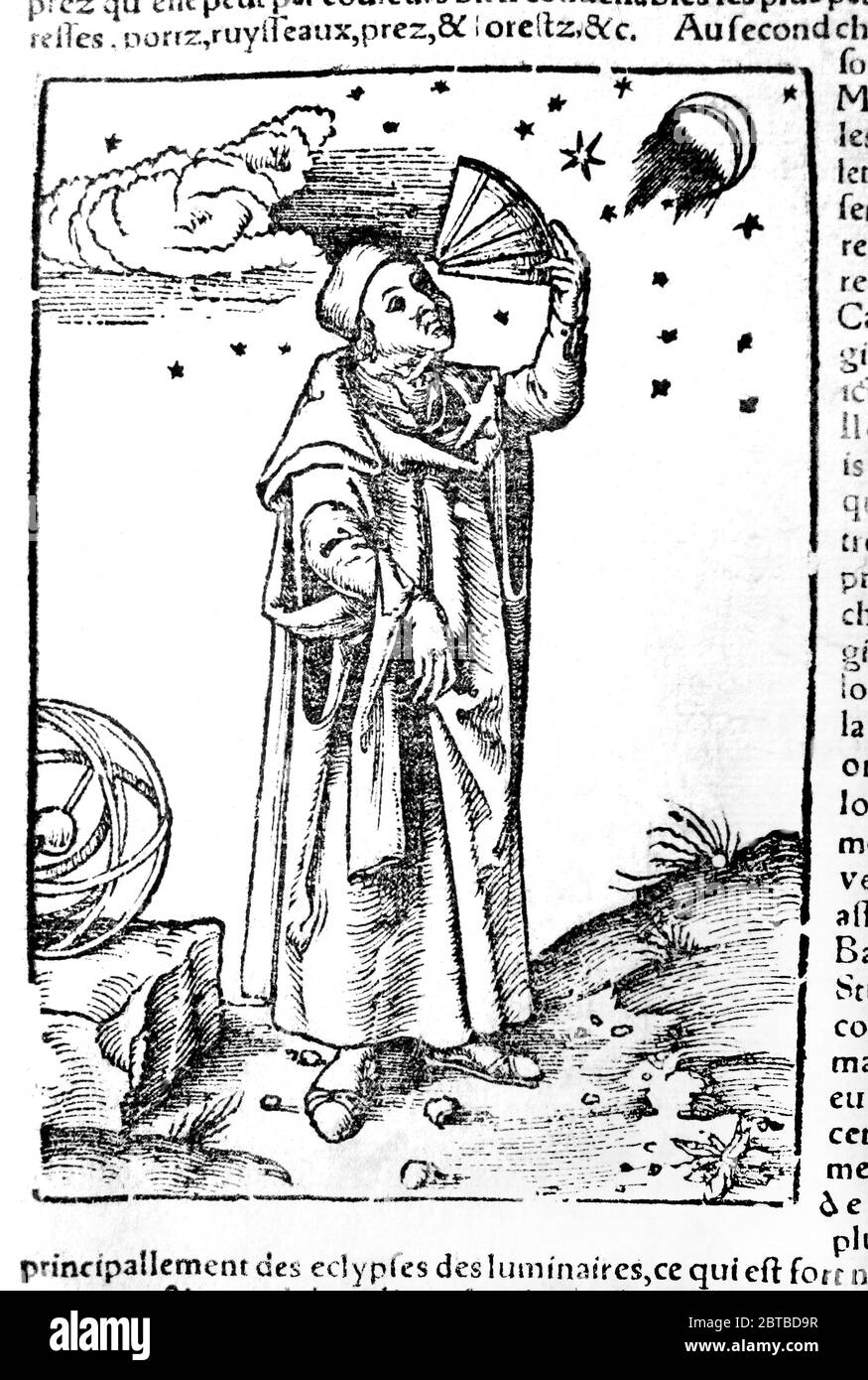 1568 , FRANCE : The Greco-Egyptian CLAUDIUS PTOLEMY ( 100 ca - 175 ca). Writer, mathematician , astronomer, geographer , astrologer and poet . Fantasy portrait engraved by unknown artist , from a french book printed in 1568 . - CLAUDIO TOLOMEO - SCIENZA - SCIENCE - Claudius Ptolemaeus - Tolemeo - scienziato -scientist - ASTRONOMIA - ASTRONOMY - astronomo - SCIENZIATO - SCIENTIST - matematica - matematico  - astrologo - astrologia - GEOGRAFO - incisione - engraving - Concezione Tolemaica Universo  -  luna - moon - stelle - stars - Astrolabio - Renaissance - Rinascimento --- ARCHIVIO GBB Stock Photo