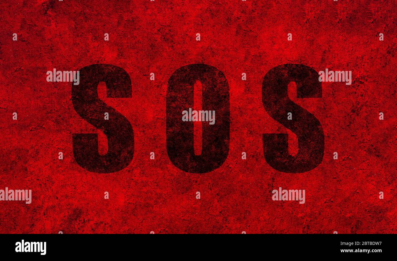 SOS design on a red textured background. Emergency concept. Stock Photo