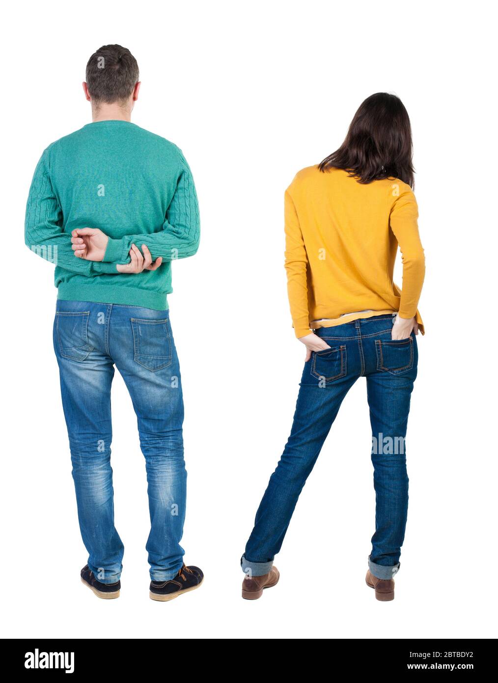 Back view couple in sweater. beautiful man and woman. Rear view people ...