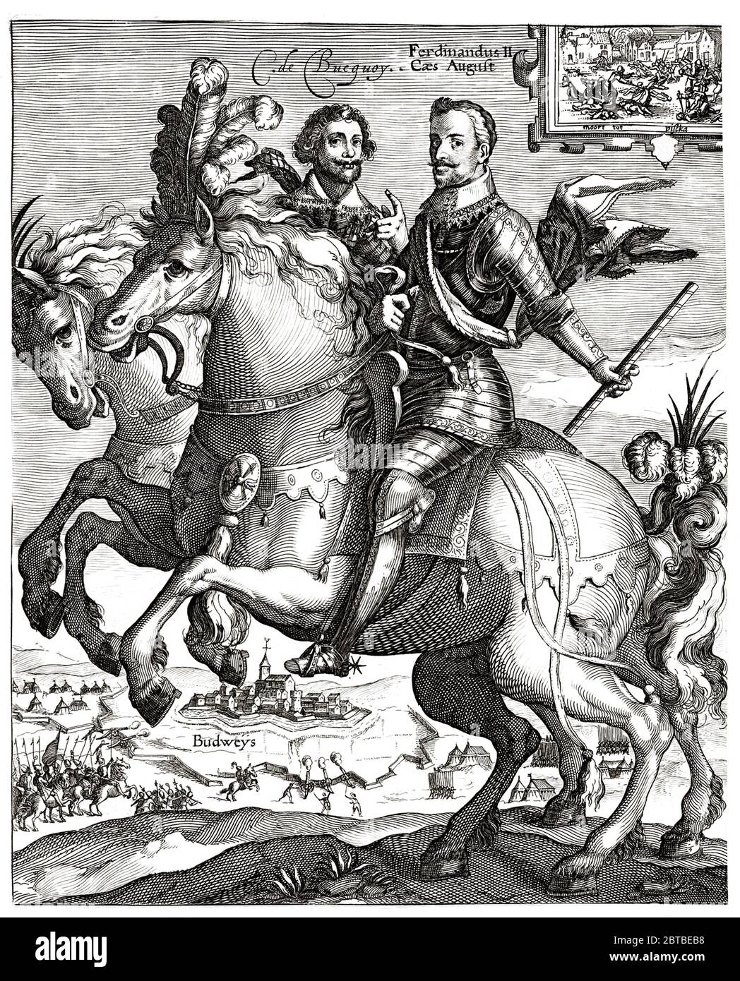 1606 ca , GERMANY : The Count CHARLES Bonaventura de LONGUEVAL DE BUCQUOY ( Bonaventure , 1571 - 1621 ) with Captain General Marquis AMBROGIO SPINOLA de Los Balbases ( Ambrosio , 1569 - 1630 ). Portrair by undentified engraver after Crijspin Van de Passe ( 1564 - 1637 ), pubblished in 1606 ca, for mistake Spinola is renamed like german King Ferdinand II Habsburg ( 1578 - 1637 ). De Bucquoy was a French born in Arras , military commander who fouught for Spanish Netherlands during the Eighty Years War and for the Holy Roman Empire during the Thirty Years War . - KAREL - CARLOS --- ARCHIVIO GBB Stock Photo