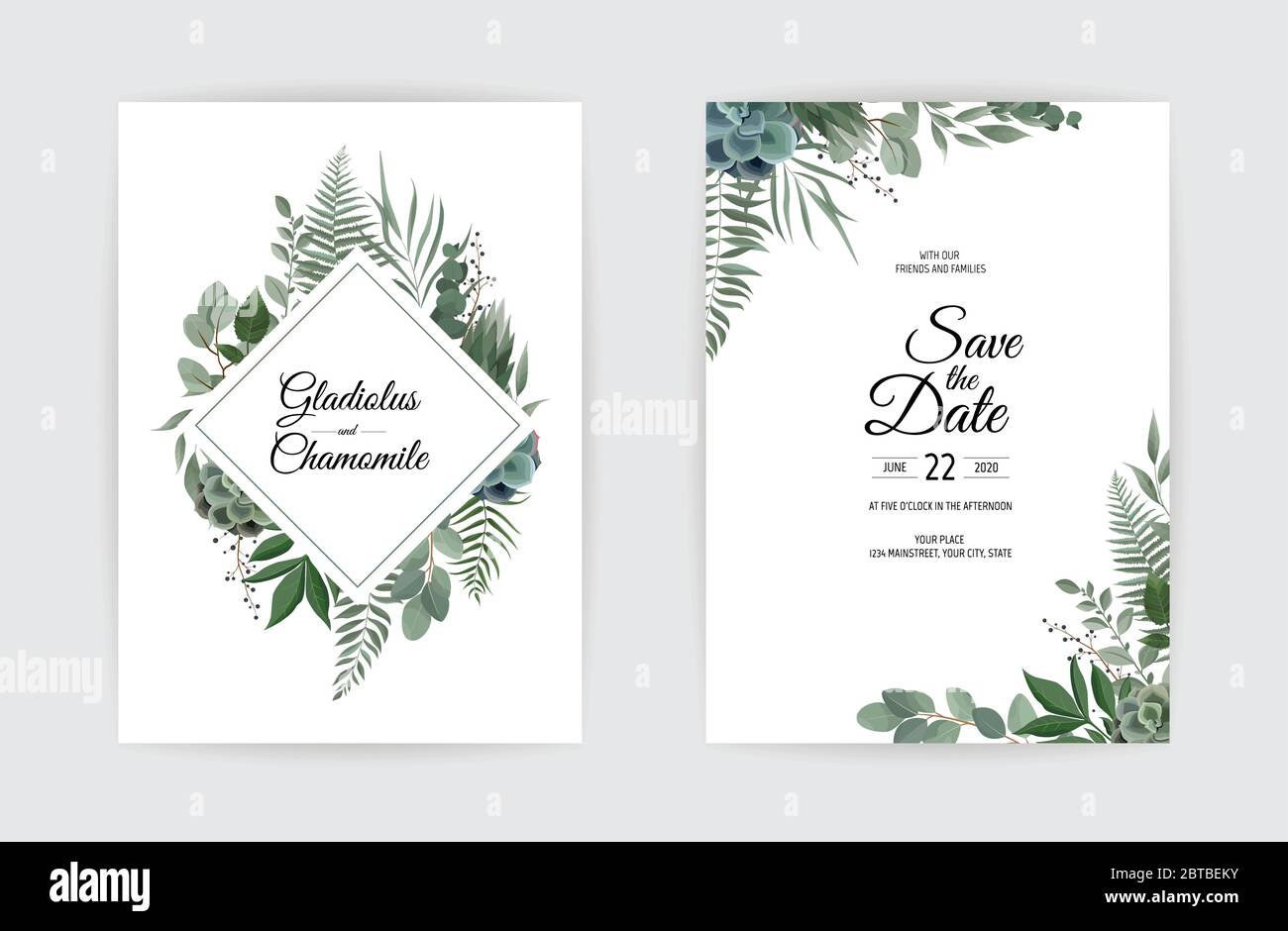 Botanical wedding invitation card template design, white and pink ...