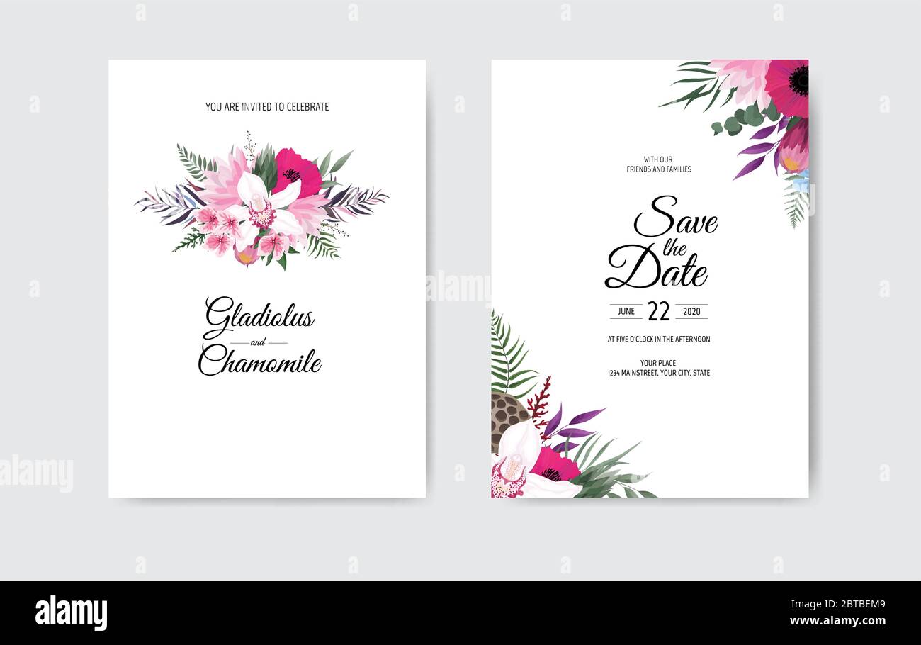Botanical wedding invitation card template design, white and pink flowers  on white background Stock Vector Image & Art - Alamy