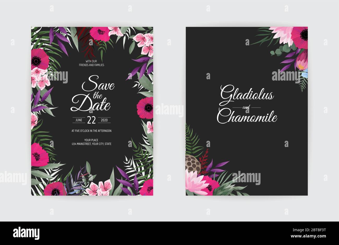 Botanical wedding invitation card template design, white and pink ...