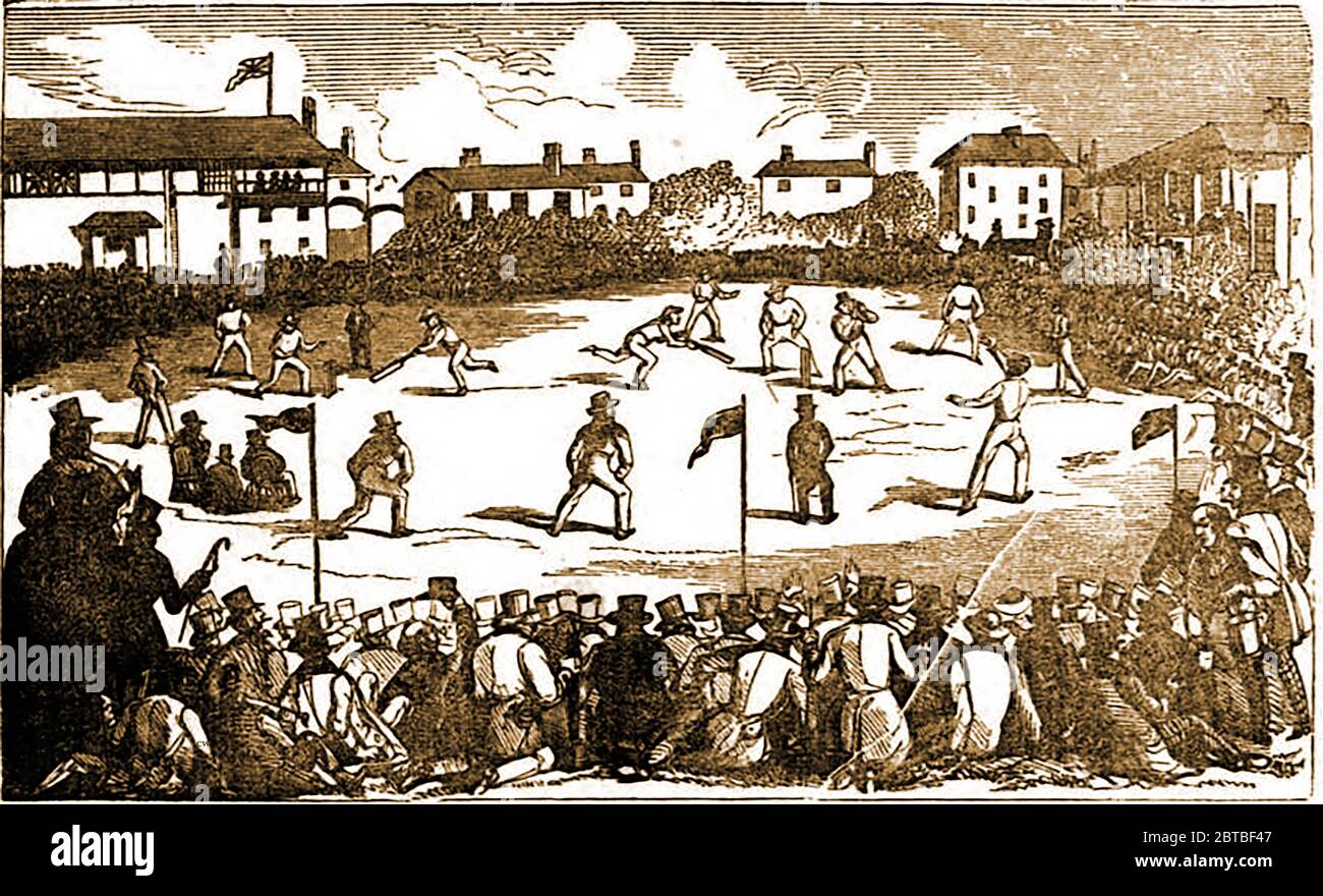 An old 1842  engraving showing a cricket match at Lords Cricket Ground ,St John's Wood, London, England . Named after its founder, Thomas Lord, it is now owned by Marylebone Cricket Club (MCC). Lord's today is not on its original site which is now referred to as Lord's Old Ground, (where Dorset Square now stands). His second ground, Lord's Middle Ground,  used from 1811 to 1813 was abandoned to make way for  the  Regent's Canal. The modern Lords is sited about 250 yards (230 m) north-west of the site of the Middle Ground. Stock Photo