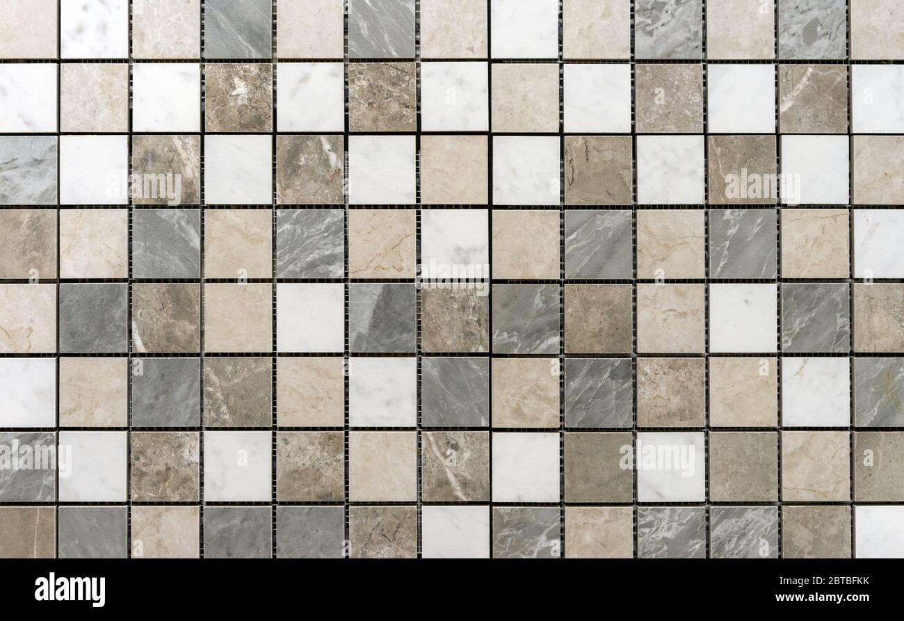 Ceramic mosaic tiles with gray and beige squares made of natural quartz ...