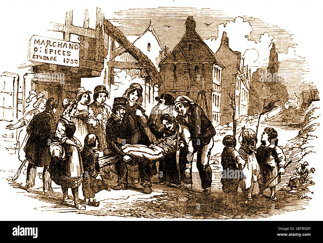 Prince Ferdinand Philippe of Orléans (1810-1842)   -  This old engraving shows the scene immediately after the accident leading to the death of the Duke of Orleans  in France after leaping from a runaway carriage. Passers-by carry him unconscious to a nearby grocers. It is said he fractured his skull after leaping from his open carriage when the horses bolted. (1842 illustration). Stock Photo