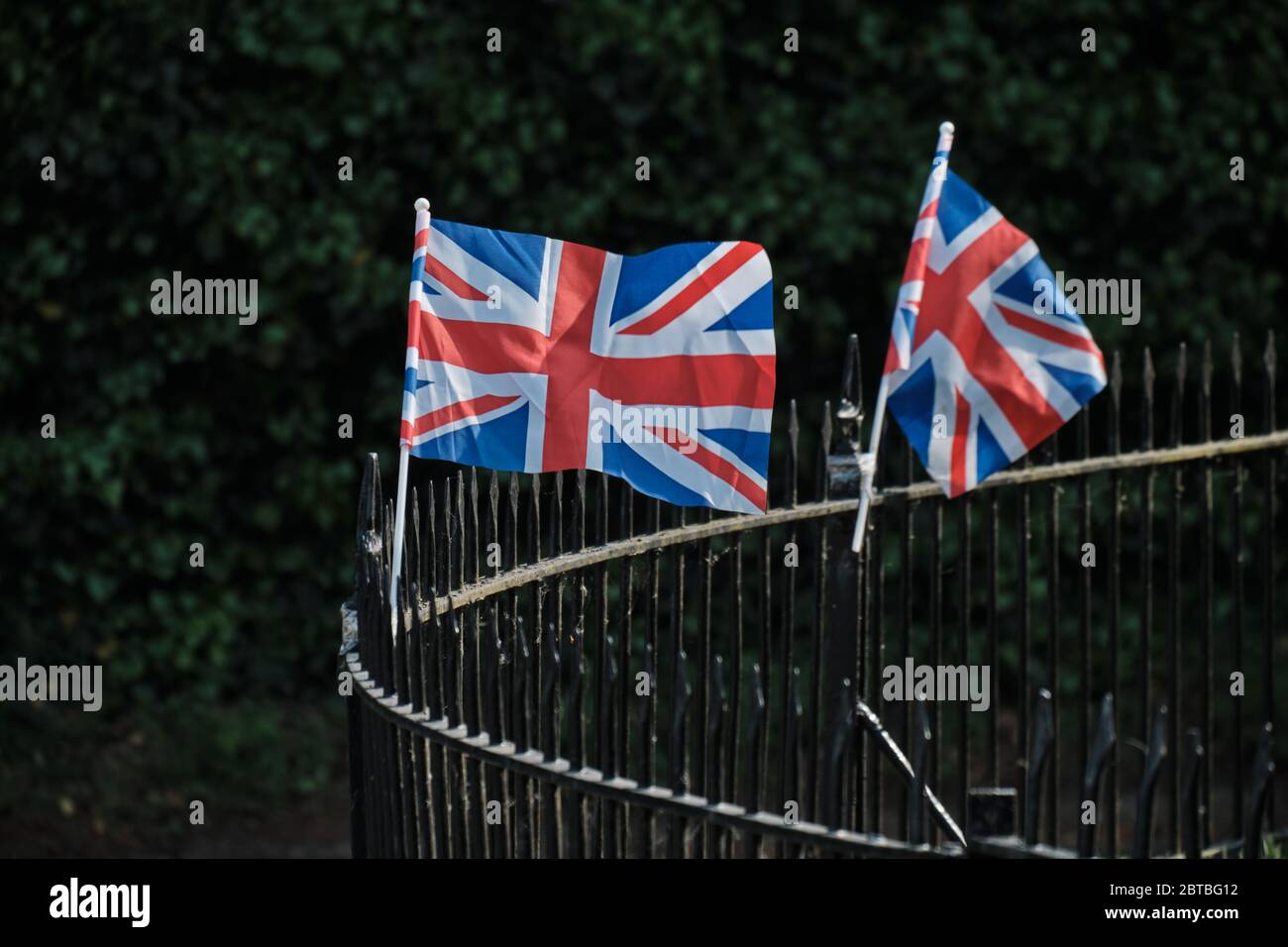 Union Jack flags fly on a fence to celebrate the 75th anniversary of VE