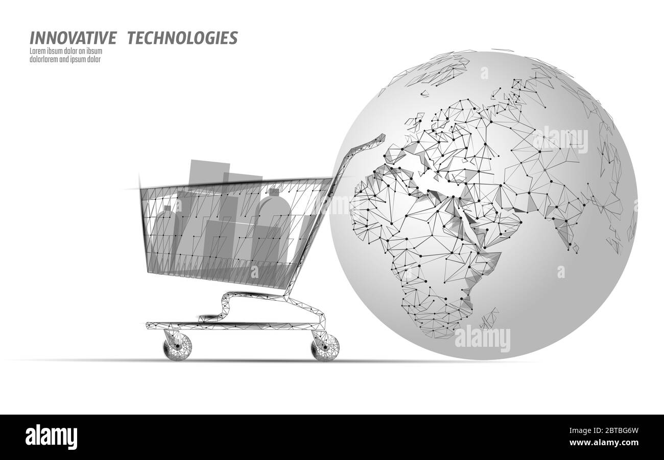 Shopping cart world map low poly design 3D. Online shop worldwide