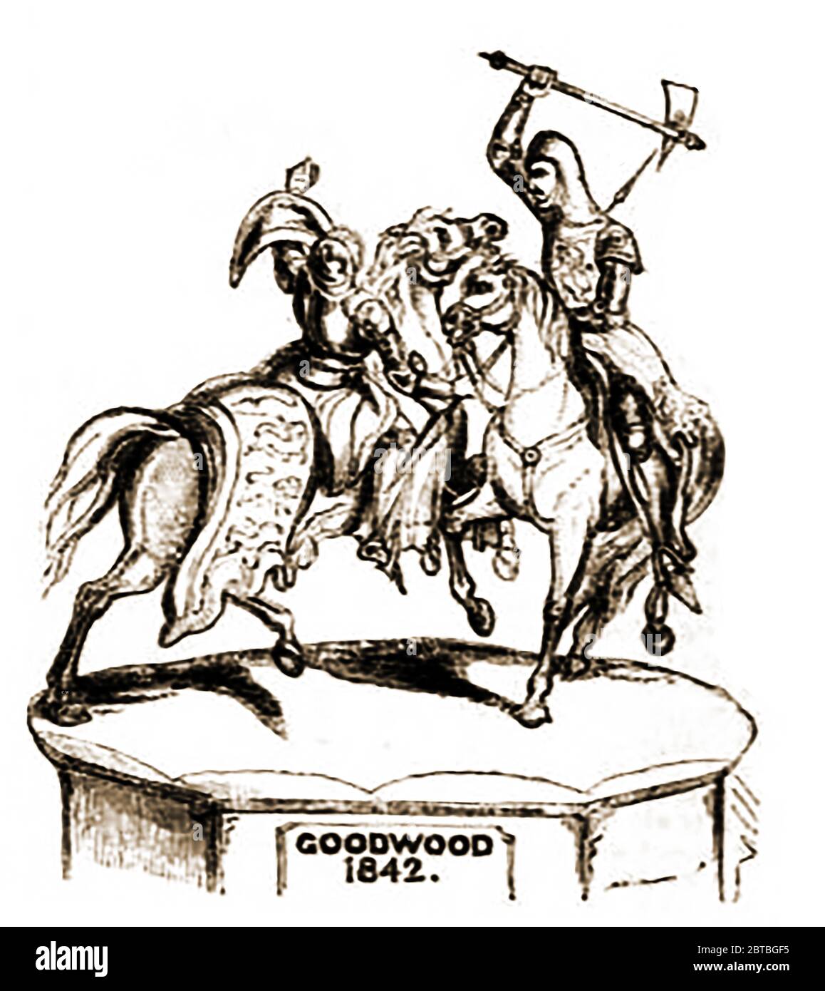A rare engraving of the 1842 design for  Goodwood Cup featuring Sir Robert Bruce and Henry de Bohun (designed by Mr Cotterill and made in silver by Garrards). At the time the designs were released confirmation was still to be made as to which cup would be awarded for which race and the name it was to be given. (The winner of the Goodwood cup in 1842 was Charles the Twelfth) Stock Photo