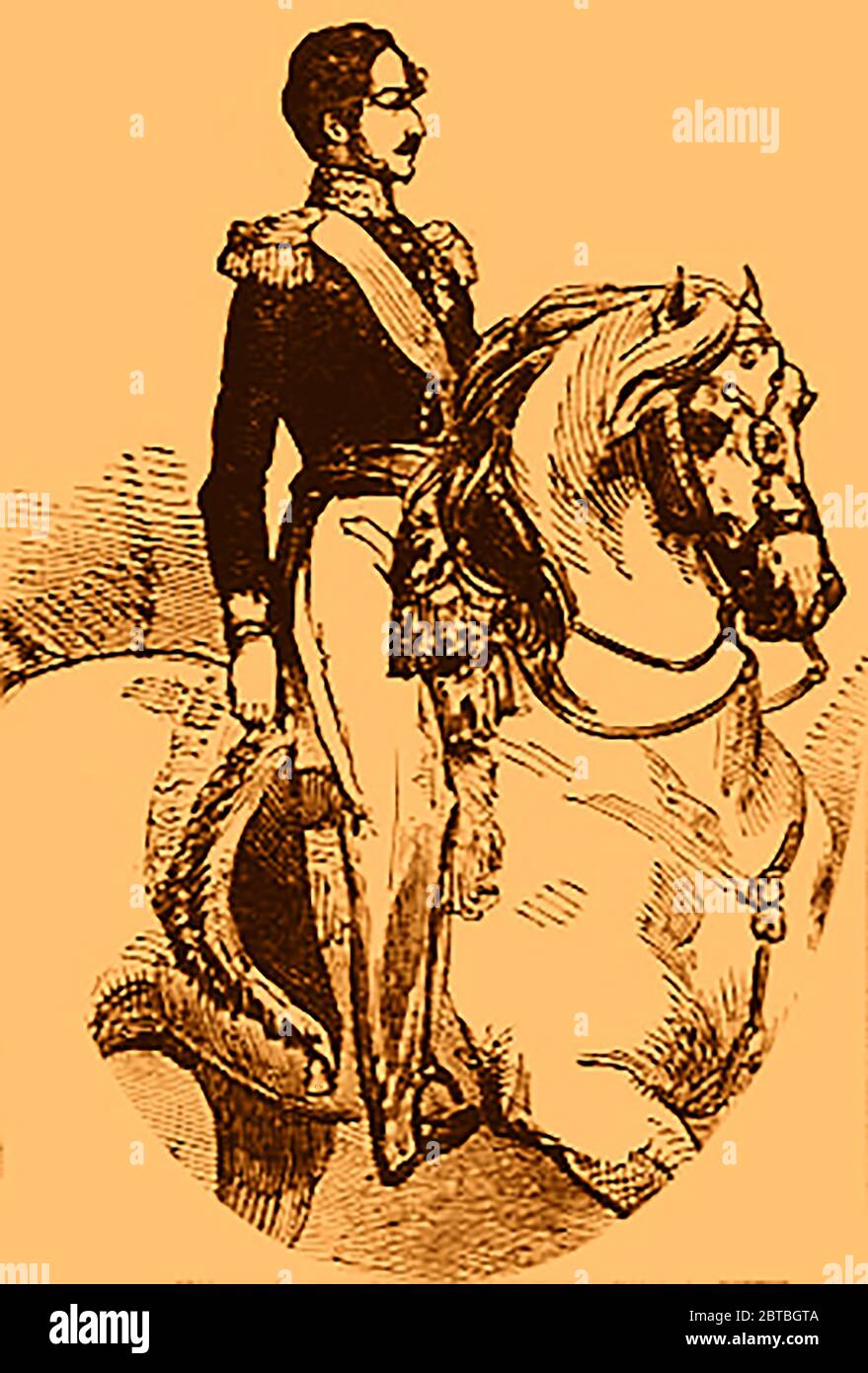 A portrait of Prince Ferdinand Philippe of Orléans (1810-1842) on his horse  painted soon after his death   - The Duke of Orleans died leaping from a runaway carriage - It is said he fractured his skull after leaping from his open carriage when the horses bolted.  (1842 illustration) Stock Photo