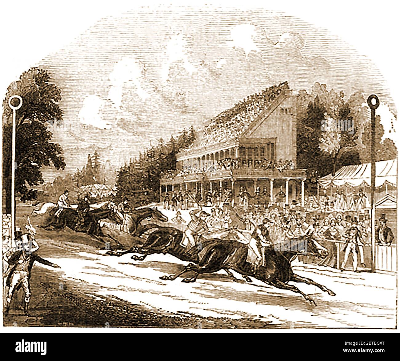 An 1842 engraving of the closing stages of a horse race at Goodwood UK, illustrating the (then) new grandstand. The course was originally known at ‘The Harroway’ and is  credited with being renowned as the world’s most beautiful racecourse, set as it is  with the South Downs as its backdrop. Nearby is Trundle Iron Age hill fort,  used as an informal grandstand to watch races.  The  Duke of Richmond, Colonel of the Sussex Militia. introduced the course to   for the benefit of the officers of the Sussex Militia. Stock Photo